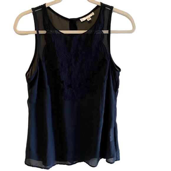 Kenar Navy Blue Sleeveless Sheer Round Neck Embroidered Blouse Size M - Picture 1 of 7